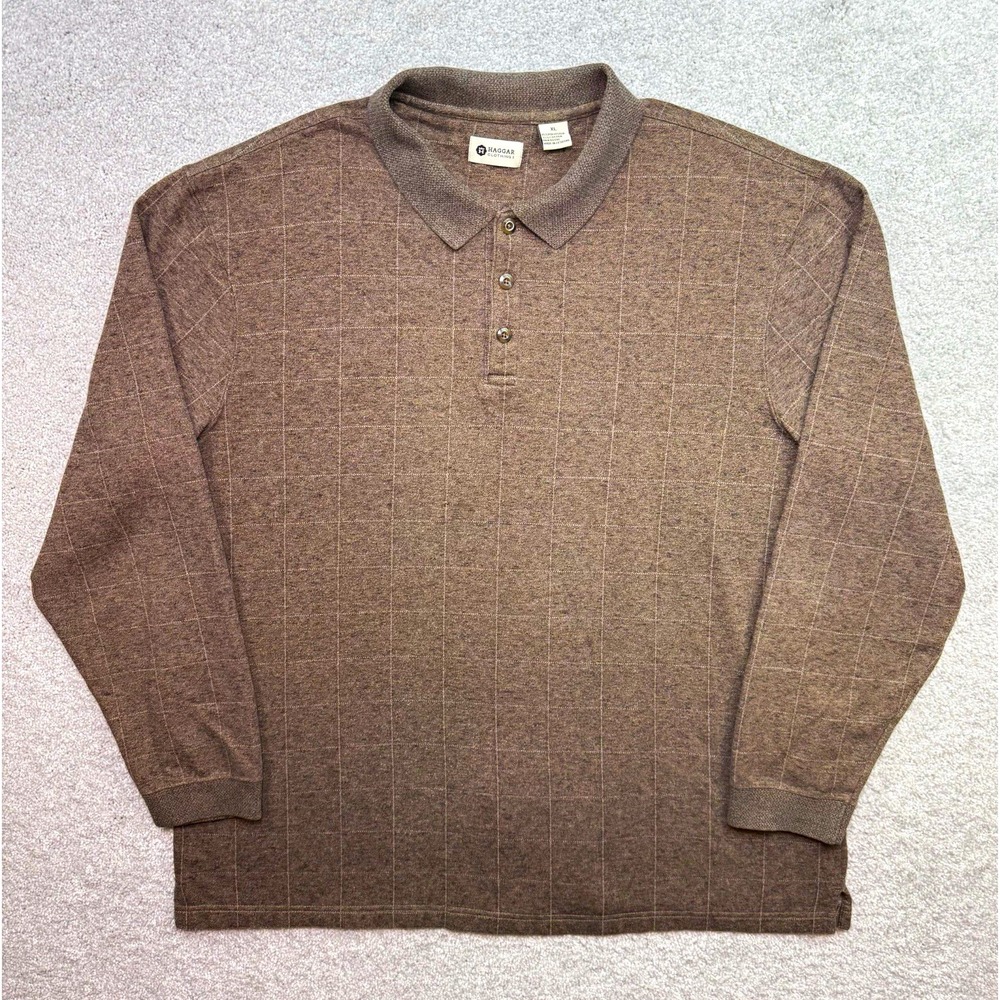 Haggar Clothing Co Mens XL Brown Plaid Long Sleeve Polo Shirt Sweater Knit Top